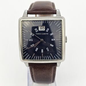 Vince Camuto Men's Watch 38MM Blue Dial Date Brown Leather Bands New Battery